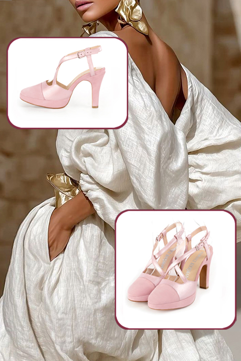 Women's light pink elegant closed-toe heels, with crossed straps. Round toe. High slim heel with a platform at the front - Worn view